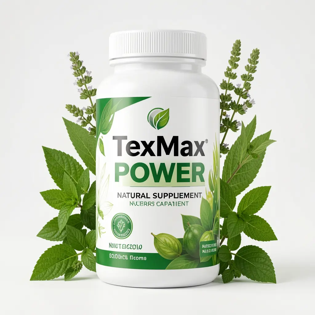 TexMax Power natural supplement bottle with green botanical elements